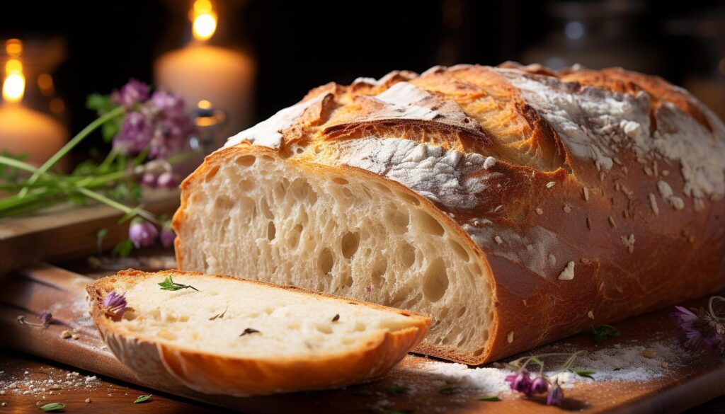 Freshly baked ciabatta loaf on rustic wooden table generated by AI Free Photo