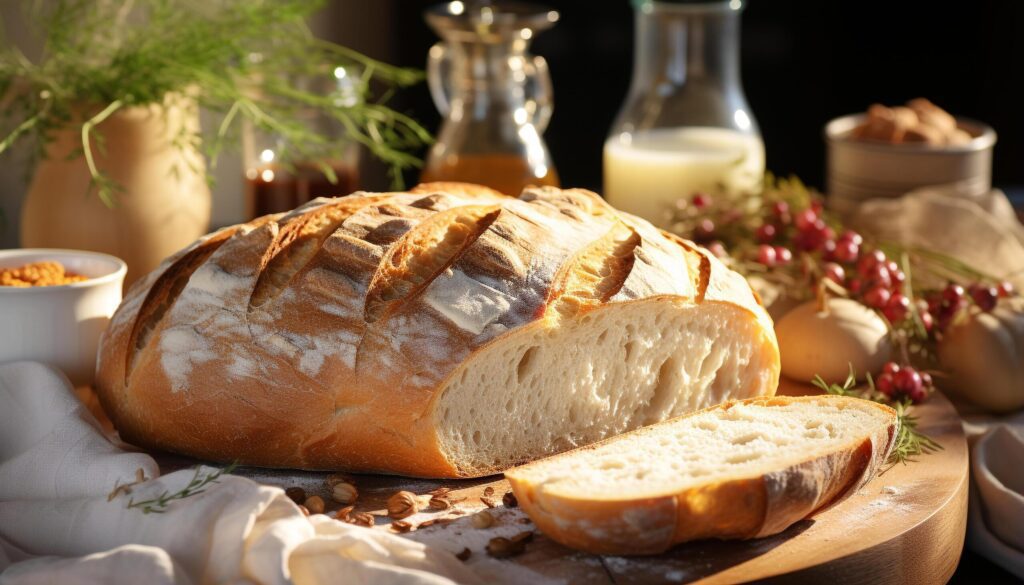 Freshly baked ciabatta loaf on wooden table, ready to eat gourmet meal generated by AI Free Photo