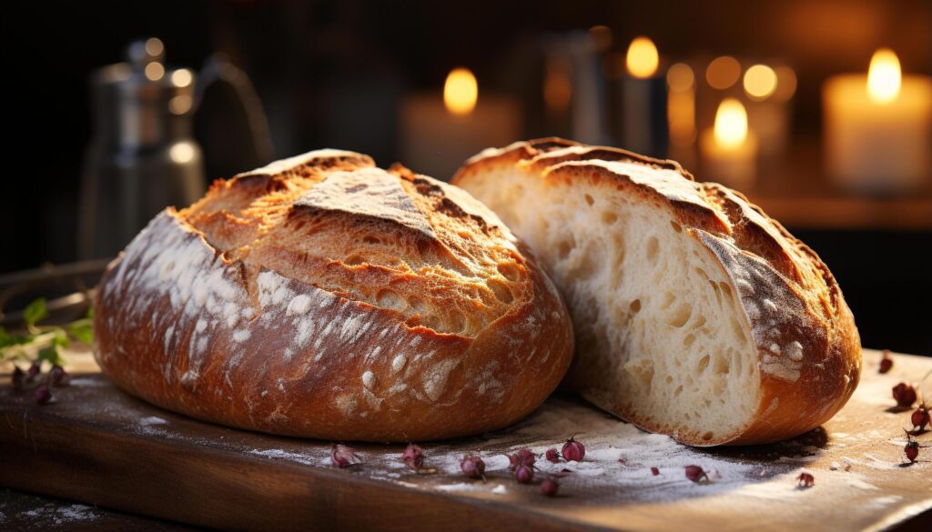 Freshly baked ciabatta on wooden table, rustic and homemade generated by AI Free Photo