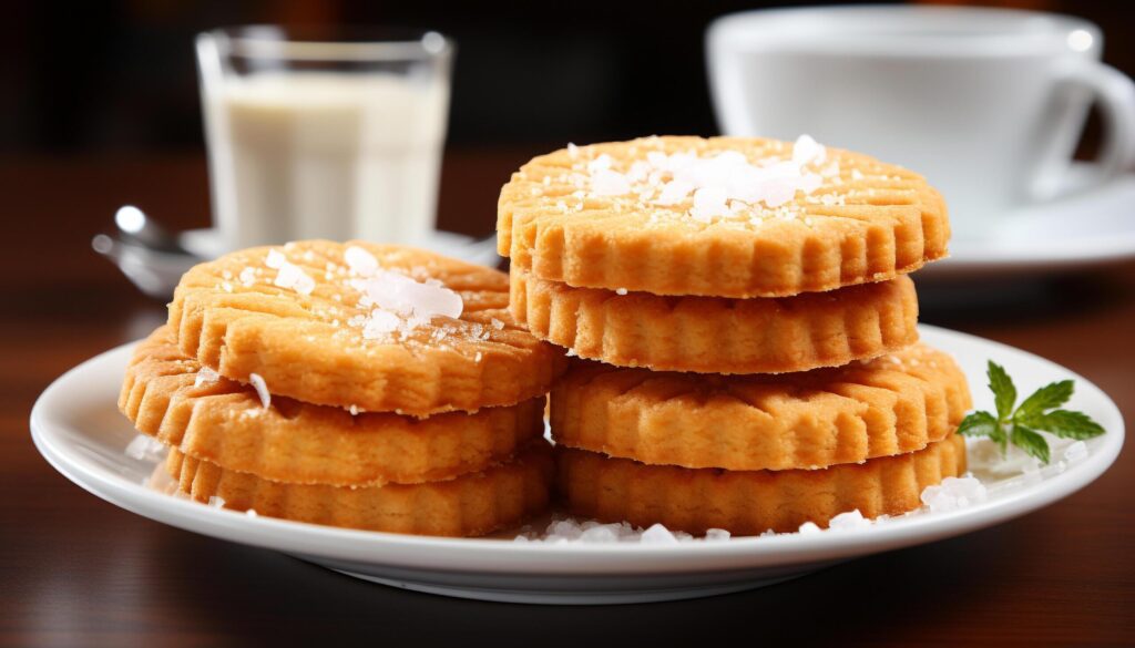 Freshly baked cookies on a wooden plate, perfect snack generated by AI Free Photo