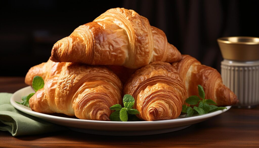 Freshly baked croissant on wooden plate, a gourmet French snack generated by AI Free Photo