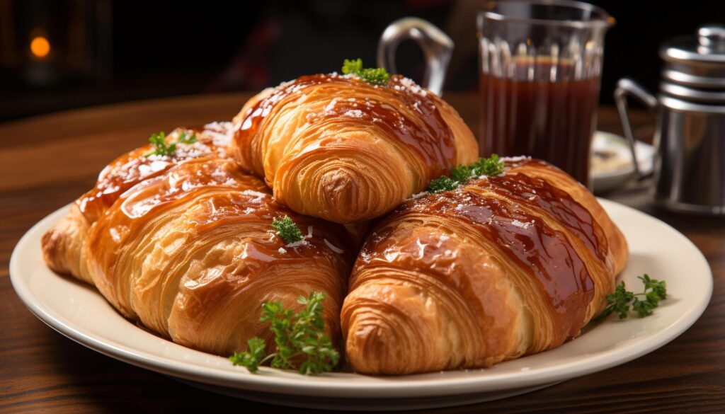 Freshly baked croissant on wooden table, a gourmet breakfast delight generated by AI Free Photo