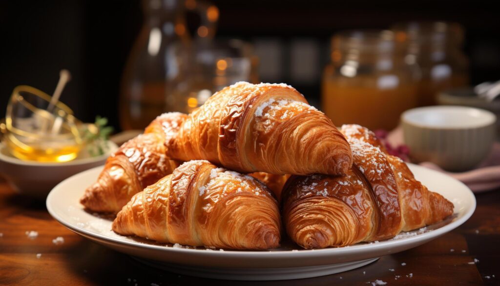 Freshly baked croissant on wooden table, a gourmet delight generated by AI Free Photo