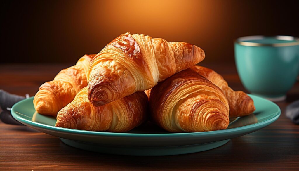 Freshly baked croissant on wooden table, perfect French breakfast generated by AI Free Photo