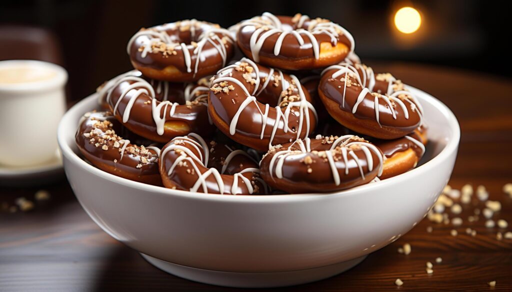 Freshly baked donut on a wooden table, tempting indulgence generated by AI Free Photo