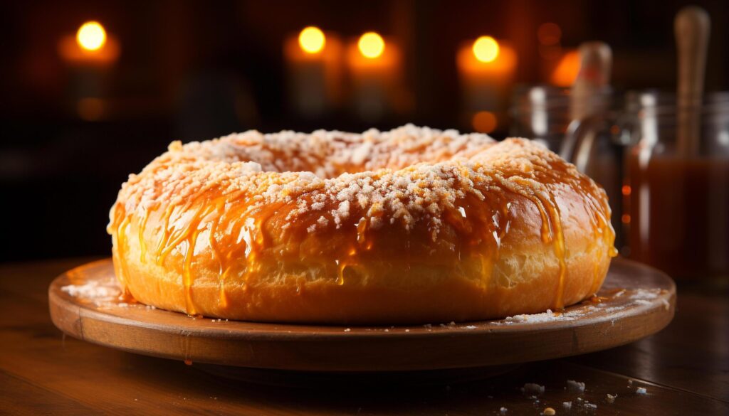 Freshly baked donuts on wooden table, a sweet indulgence generated by AI Free Photo