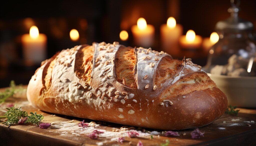 Freshly baked gourmet bread on rustic table near flickering candle generated by AI Free Photo