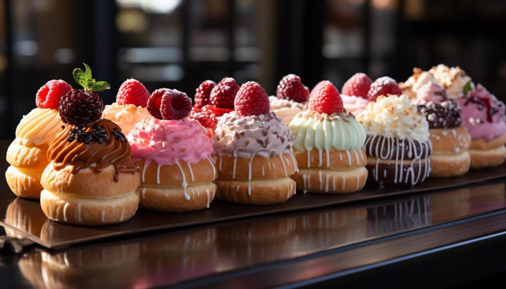 Freshly baked gourmet cupcakes with chocolate icing and raspberry decoration generated by AI Free Photo