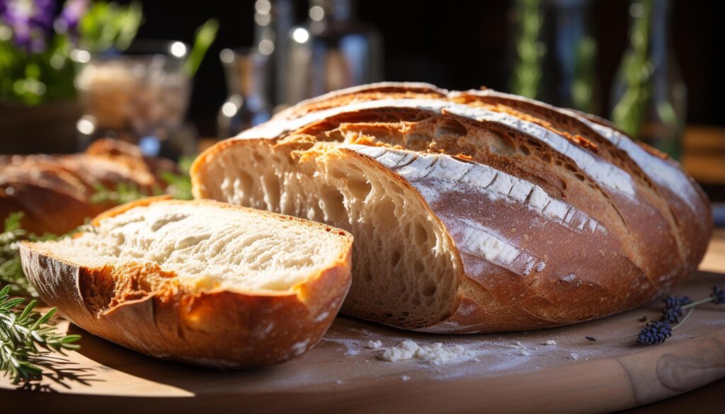 Freshly baked homemade baguette on rustic wooden table generated by AI Free Photo