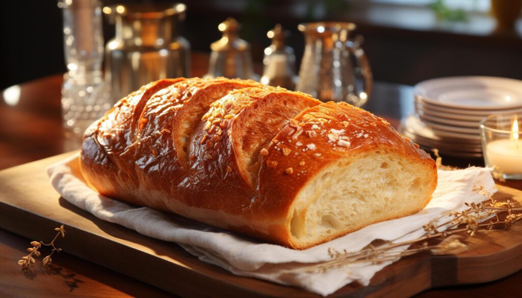 Freshly baked homemade bread on a rustic wooden table generated by AI Free Photo