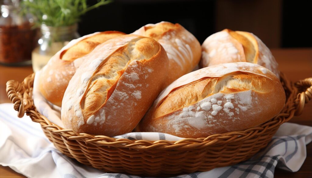 Freshly baked homemade bread on rustic wooden table generated by AI Free Photo