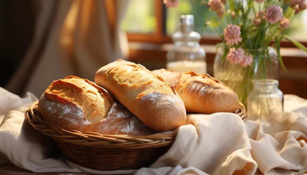 Freshly baked homemade bread on rustic wooden tablecloth generated by AI Free Photo