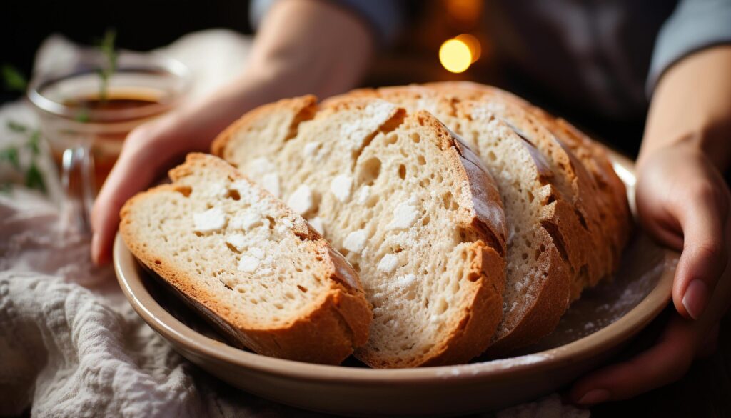 Freshly baked homemade bread on wooden table, perfect meal generated by AI Free Photo