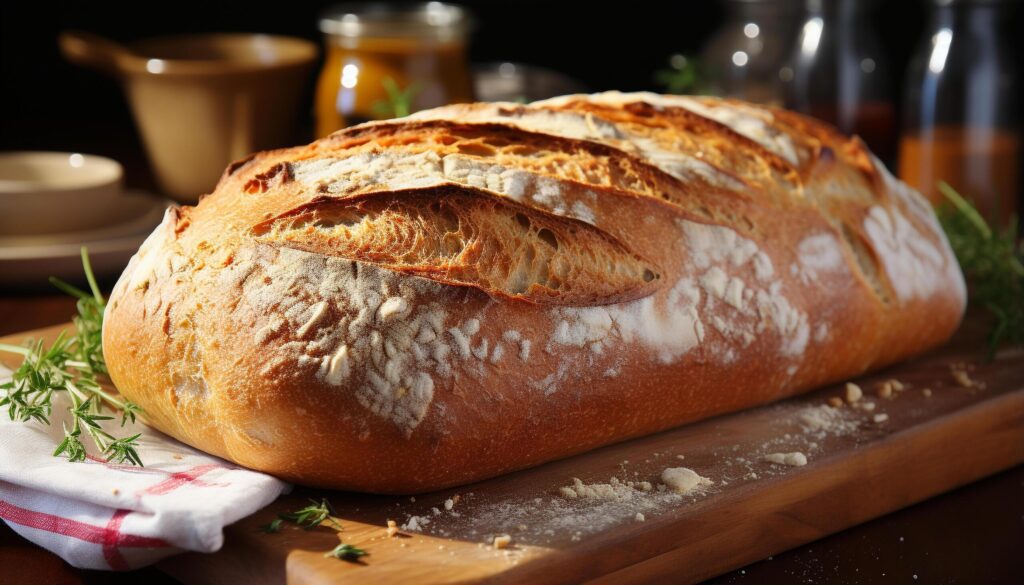 Freshly baked homemade bread on wooden table, ready to eat healthy meal generated by AI Free Photo