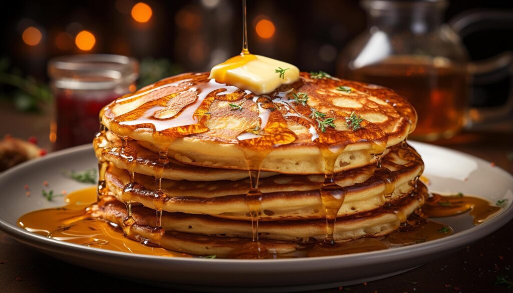 Freshly baked homemade buttermilk pancakes with syrup and berries generated by AI Free Photo