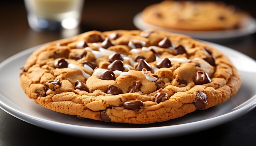 Freshly baked homemade chocolate chip cookies on a rustic plate generated by AI Free Photo