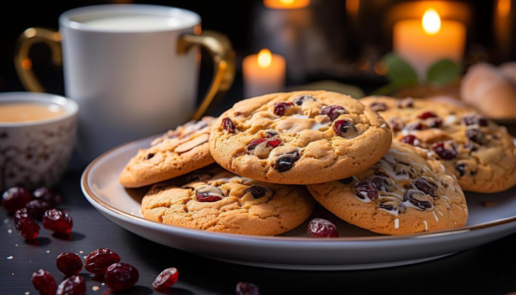 Freshly baked homemade chocolate chip cookies on a rustic table generated by AI Free Photo