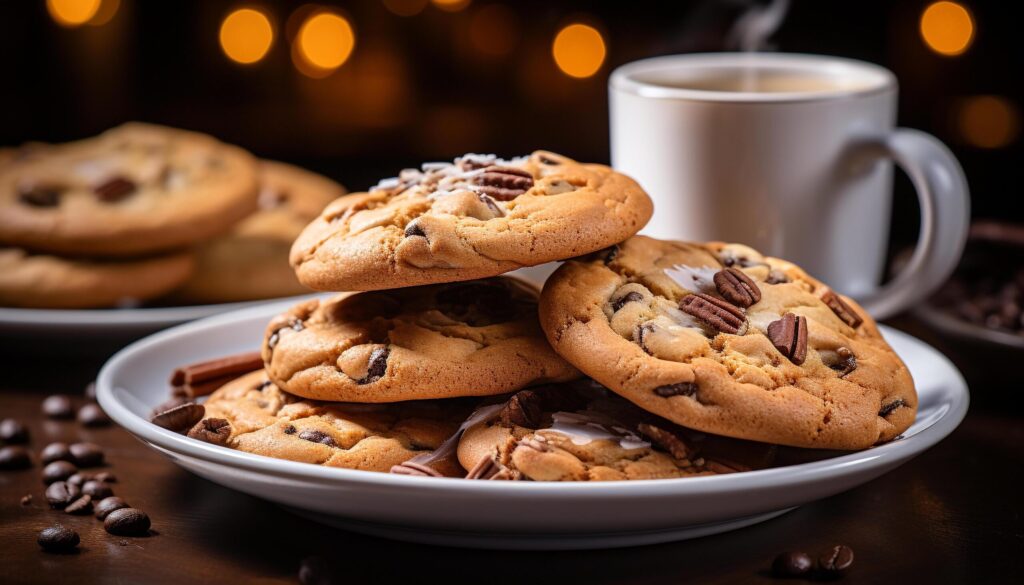 Freshly baked homemade chocolate chip cookies on a rustic wooden table generated by AI Free Photo