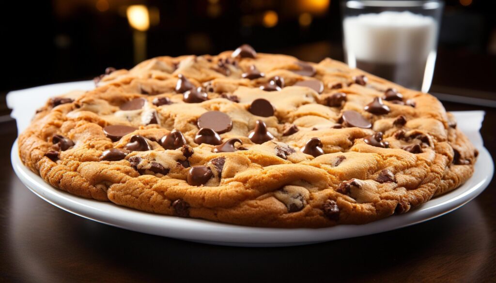 Freshly baked homemade chocolate chip cookies on a wooden plate generated by AI Free Photo