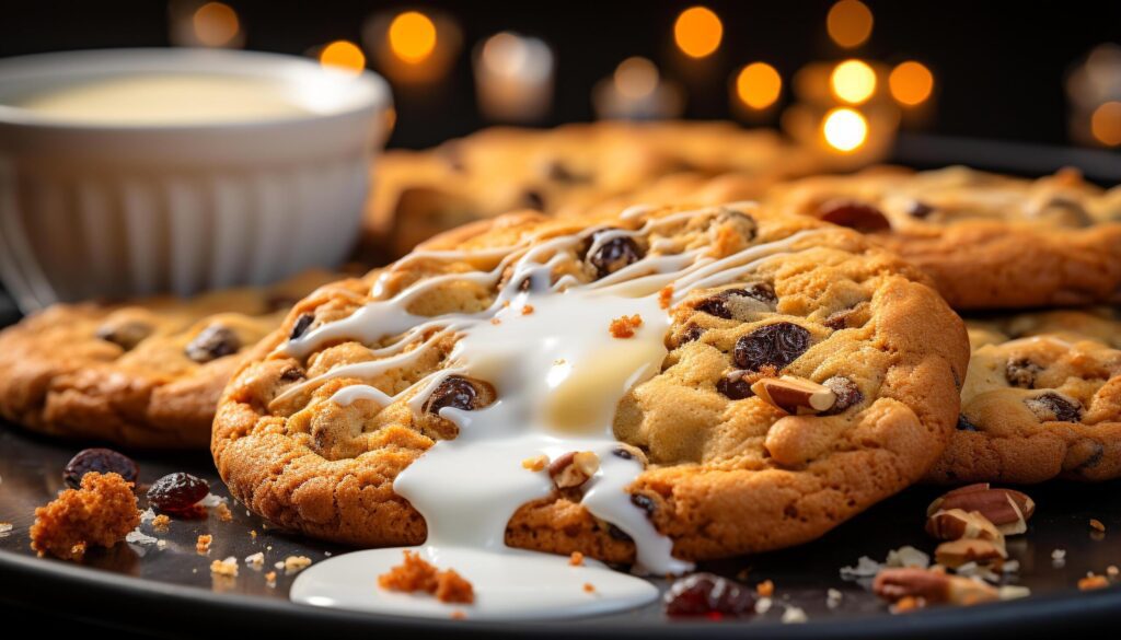 Freshly baked homemade chocolate chip cookies on rustic wooden table generated by AI Free Photo