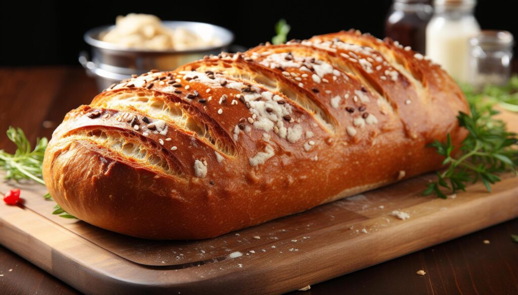 Freshly baked homemade ciabatta bread on wooden table generated by AI Free Photo