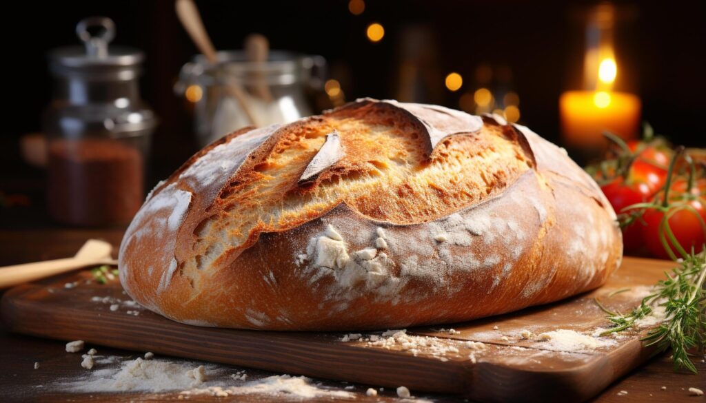 Freshly baked homemade ciabatta on rustic wooden table generated by AI Free Photo