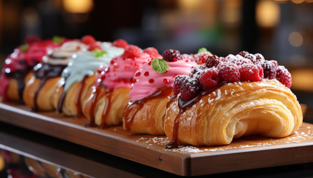 Freshly baked homemade raspberry eclair on wooden table generated by AI Free Photo