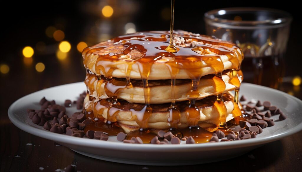 Freshly baked pancake stack with chocolate syrup and fruit decoration generated by AI Free Photo