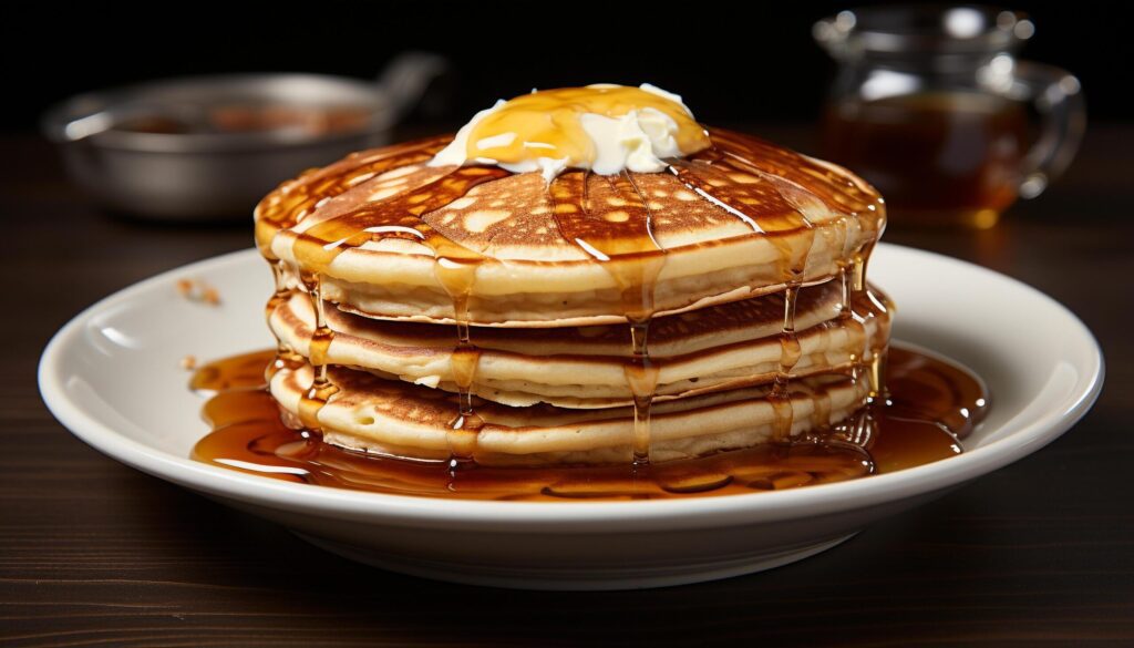 Freshly baked pancake stack with honey pouring over it generated by AI Free Photo