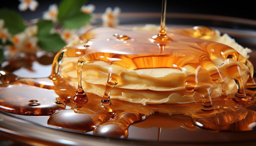 Freshly baked pancake stack with honey syrup and chocolate drizzle generated by AI Free Photo