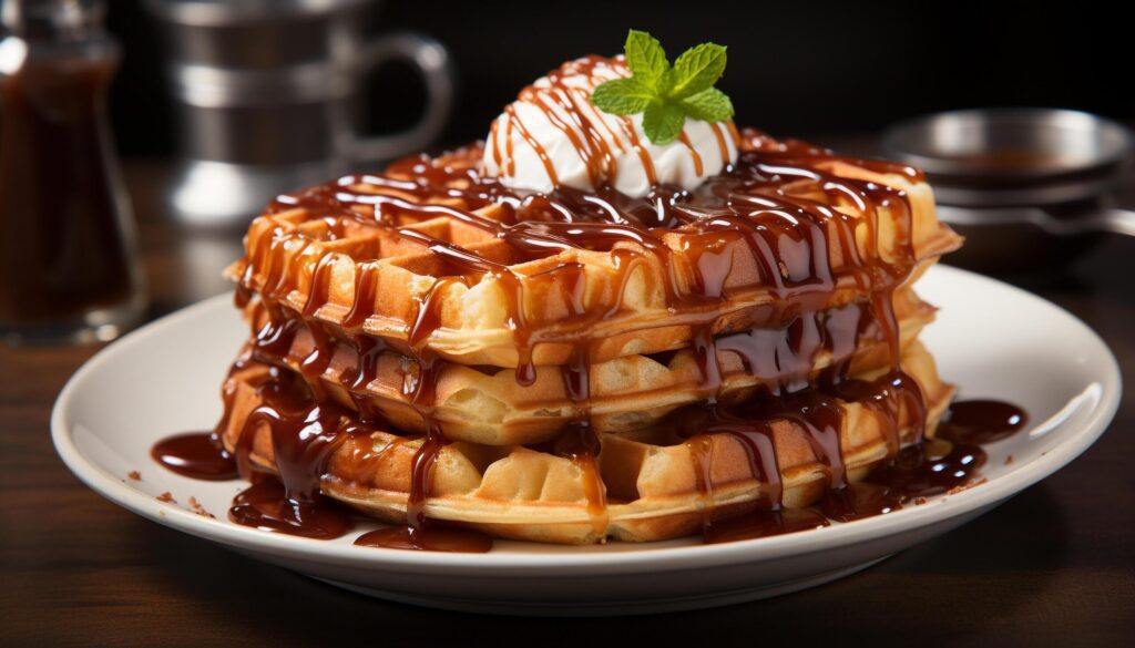 Freshly baked pancakes with chocolate sauce, fruit, and syrup on wood generated by AI Free Photo