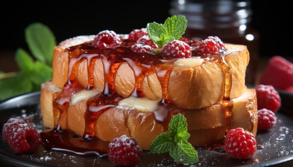 Freshly baked pancakes with raspberry sauce, chocolate, and mint leaf generated by AI Free Photo