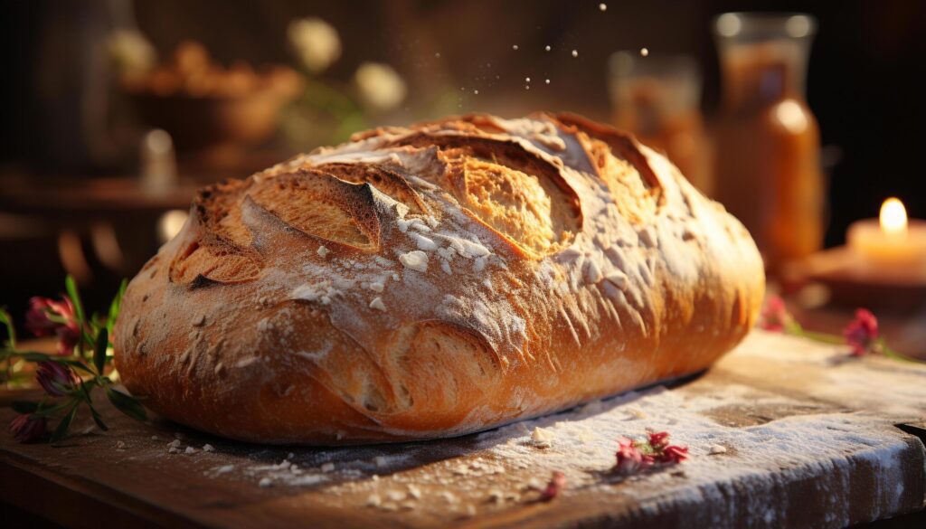 Freshly baked rustic homemade ciabatta on wooden table generated by AI Free Photo