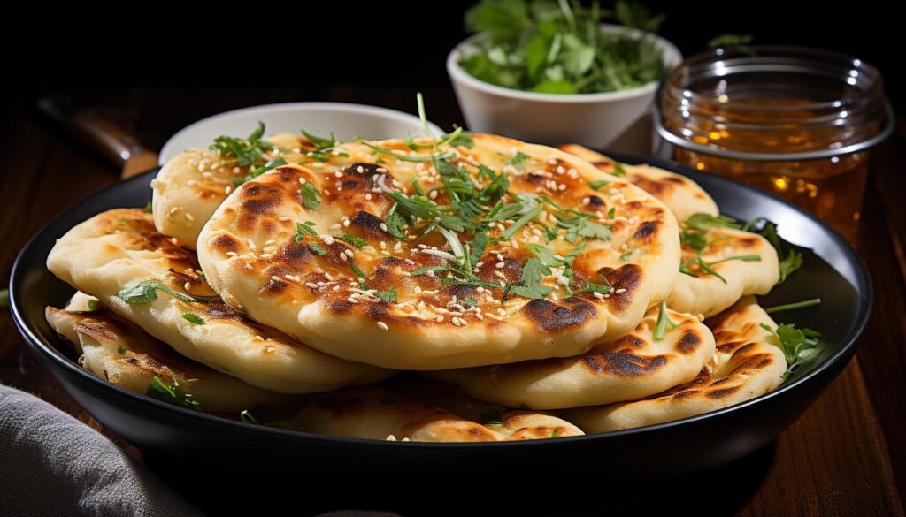 Freshly cooked homemade pancakes on a wooden plate, ready to eat generated by AI Free Photo