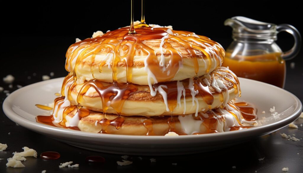 Freshly cooked pancakes stacked high with syrup and berries generated by AI Free Photo