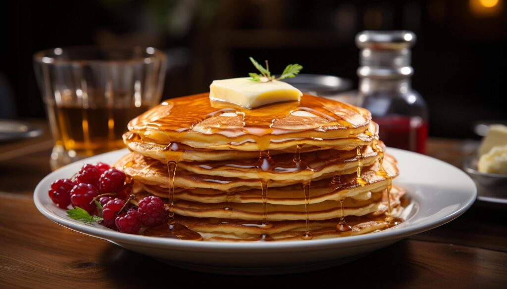 Freshly cooked pancakes stacked on a wooden table, drizzled with honey generated by AI Free Photo