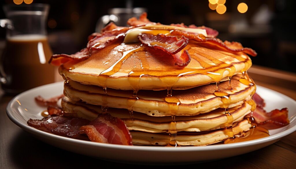 Freshly cooked stack of homemade pancakes with syrup and fruit generated by AI Free Photo