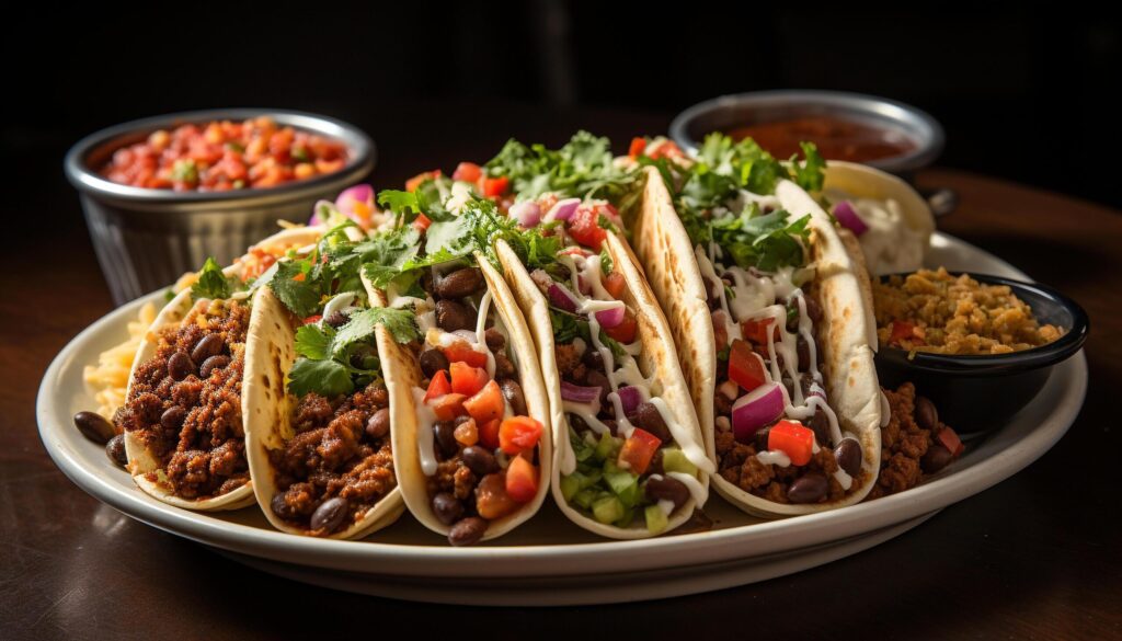 Freshly grilled beef taco with guacamole, tomato, and cilantro generated by AI Free Photo