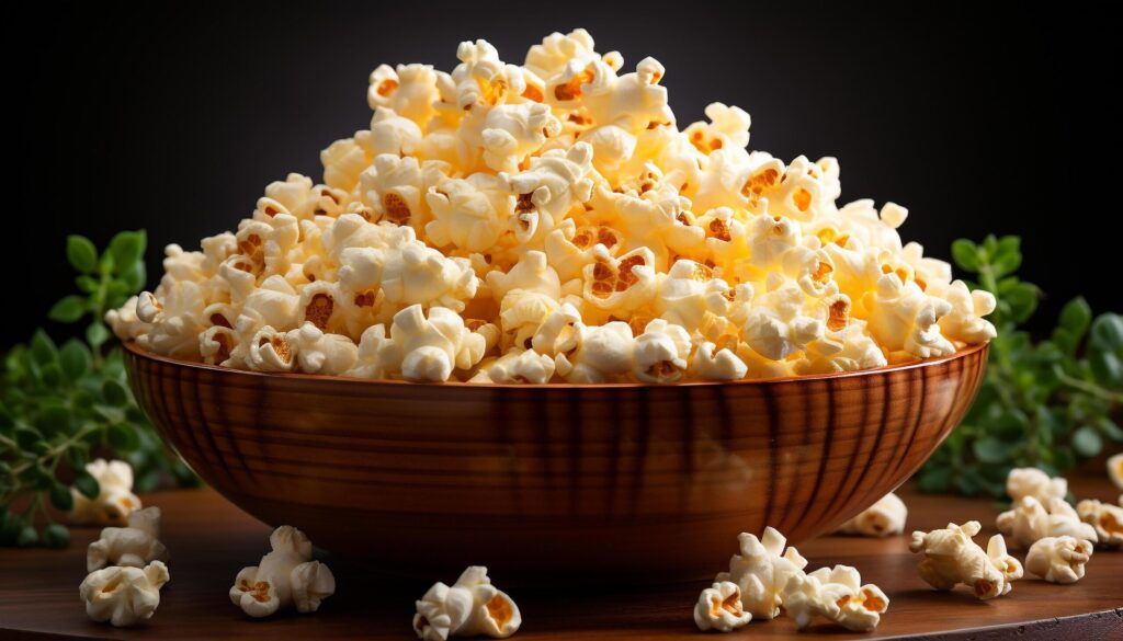 Freshly popped corn in a yellow bowl, perfect movie snack generated by AI Free Photo