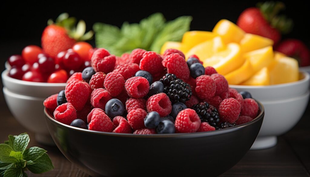 Freshness and abundance of organic berry fruit on wooden table generated by AI Free Photo