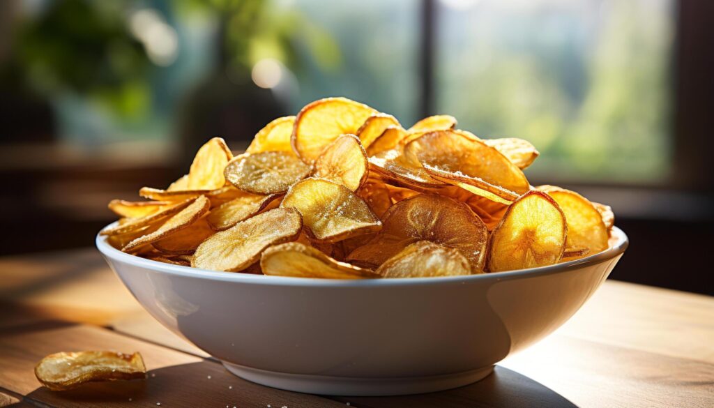 Freshness and crunch in a bowl of prepared potato chips generated by AI Free Photo