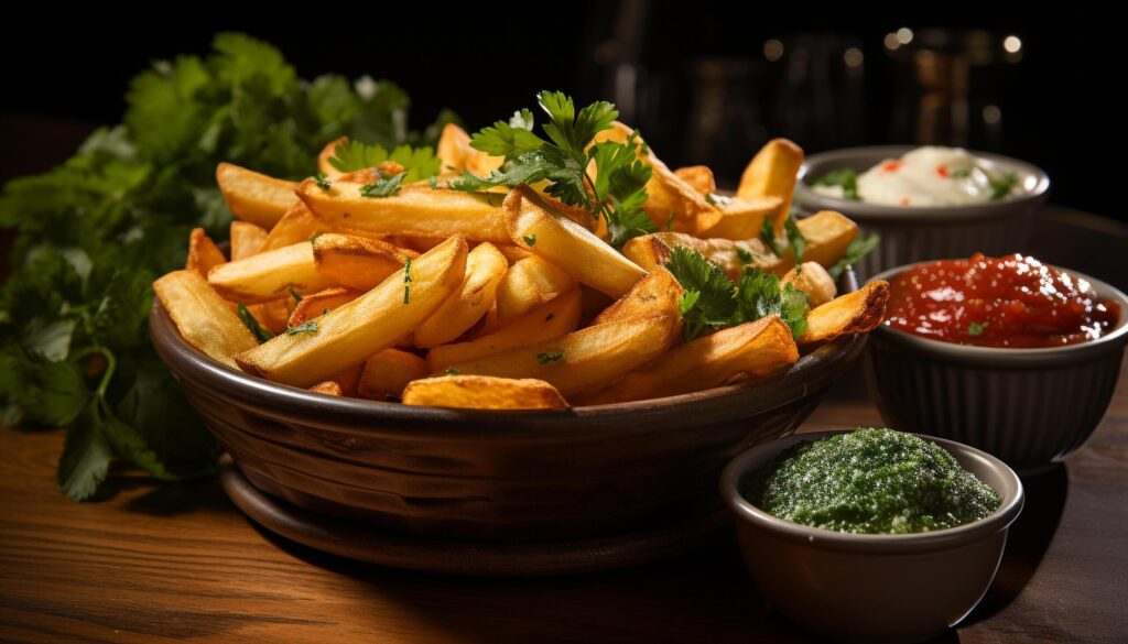 Freshness and crunchiness of gourmet French fries on wooden table generated by AI Free Photo