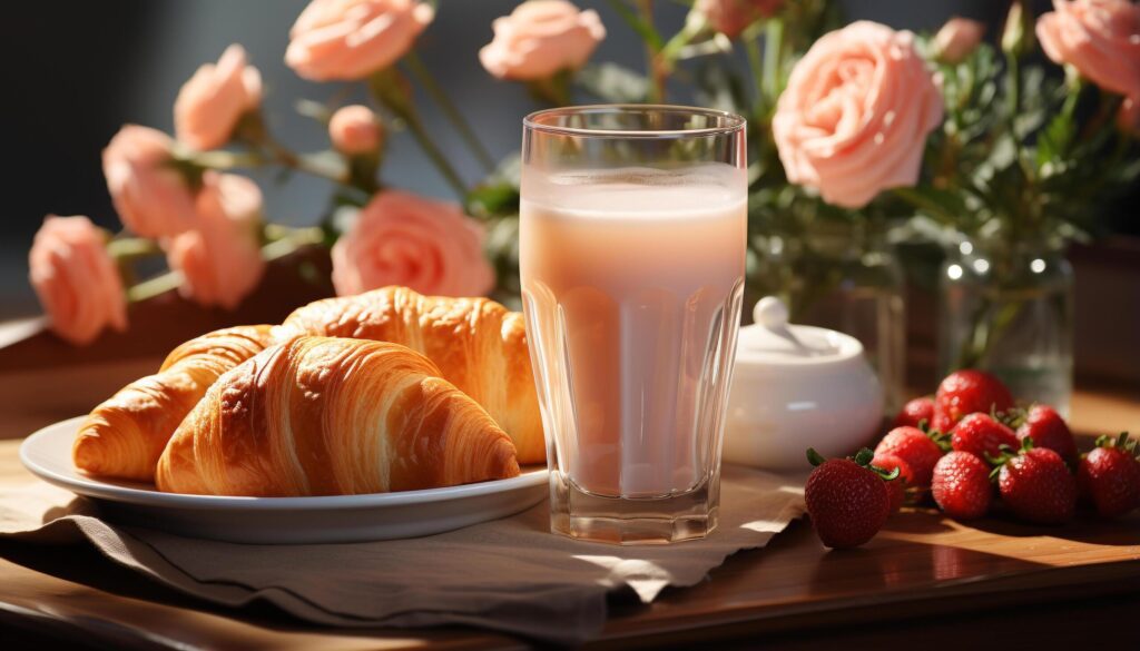 Freshness and gourmet dessert on table with flower and croissant generated by AI Free Photo