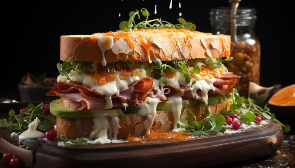 Freshness and gourmet meat on a grilled sandwich, a delicious lunch generated by AI Free Photo