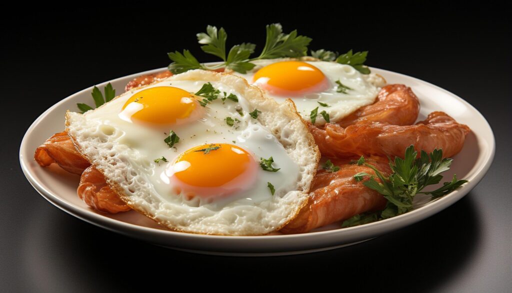 Freshness and heat on a plate, cooked pork and fried egg generated by AI Free Photo