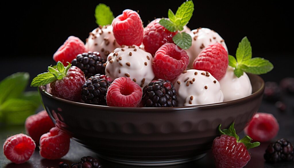 Freshness and indulgence in a bowl of homemade berry ice cream generated by AI Free Photo