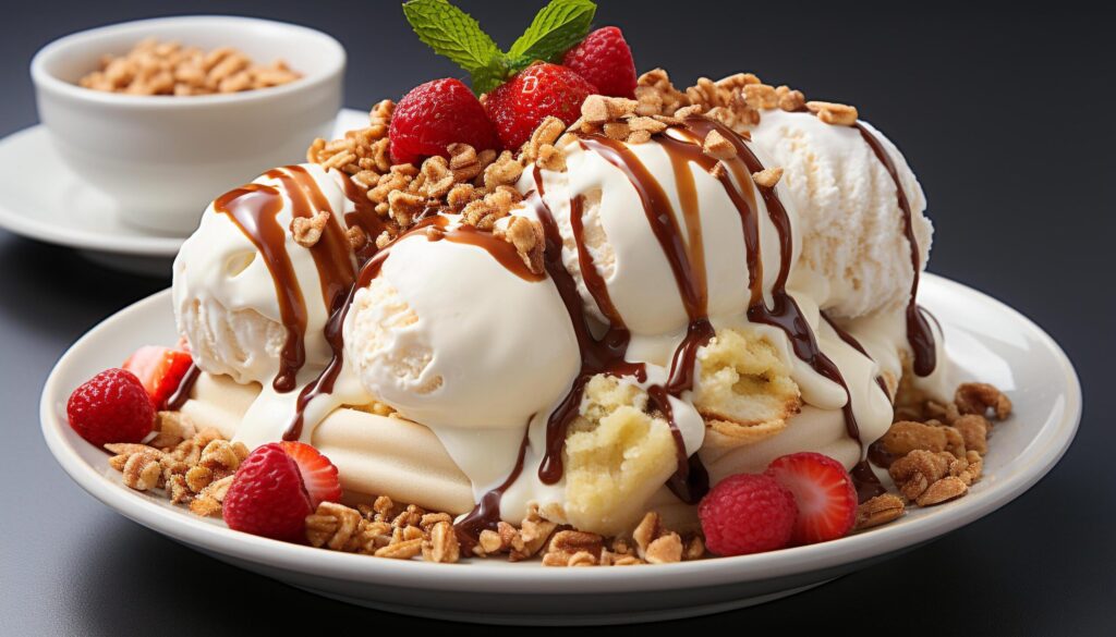 Freshness and indulgence on a plate strawberry ice cream sundae generated by AI Free Photo