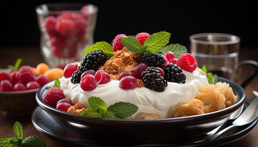 Freshness and indulgence on a wooden table raspberry dessert generated by AI Free Photo