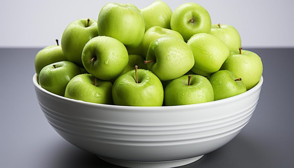 Freshness and nature in a bowl of healthy green apples generated by AI Free Photo