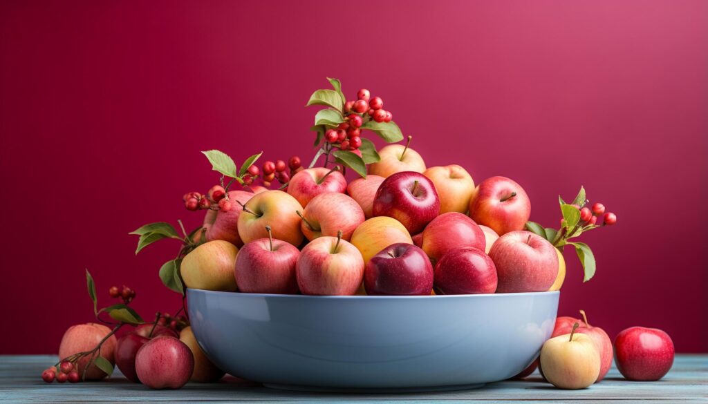 Freshness and nature on a wooden table, organic apple generated by AI Free Photo